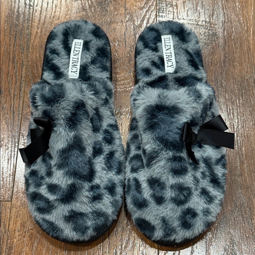 Ellen Tracy Black and Gray Fuzzy Leopard Slippers
